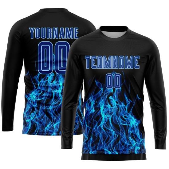 Custom Black Royal-Light Blue Flame Sublimation Soccer Uniform Jersey