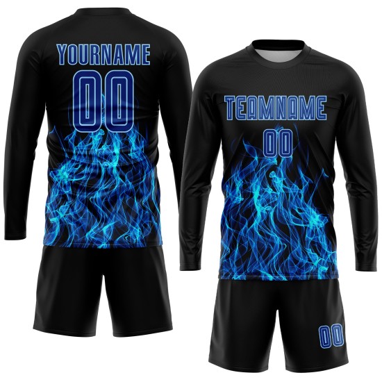 Custom Black Royal-Light Blue Flame Sublimation Soccer Uniform Jersey