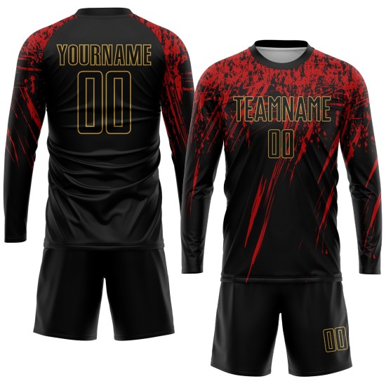 Custom Black Black Old Gold-Red Sublimation Soccer Uniform Jersey