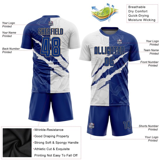 Custom Graffiti Pattern Royal White-Old Gold Sublimation Soccer Uniform Jersey